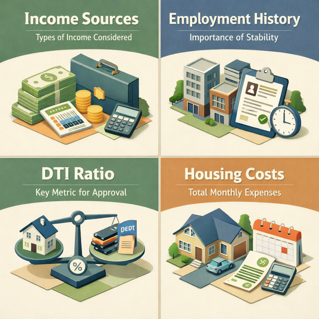Infographic illustrating income sources, employment history, DTI ratio, and housing costs for mortgage qualification.