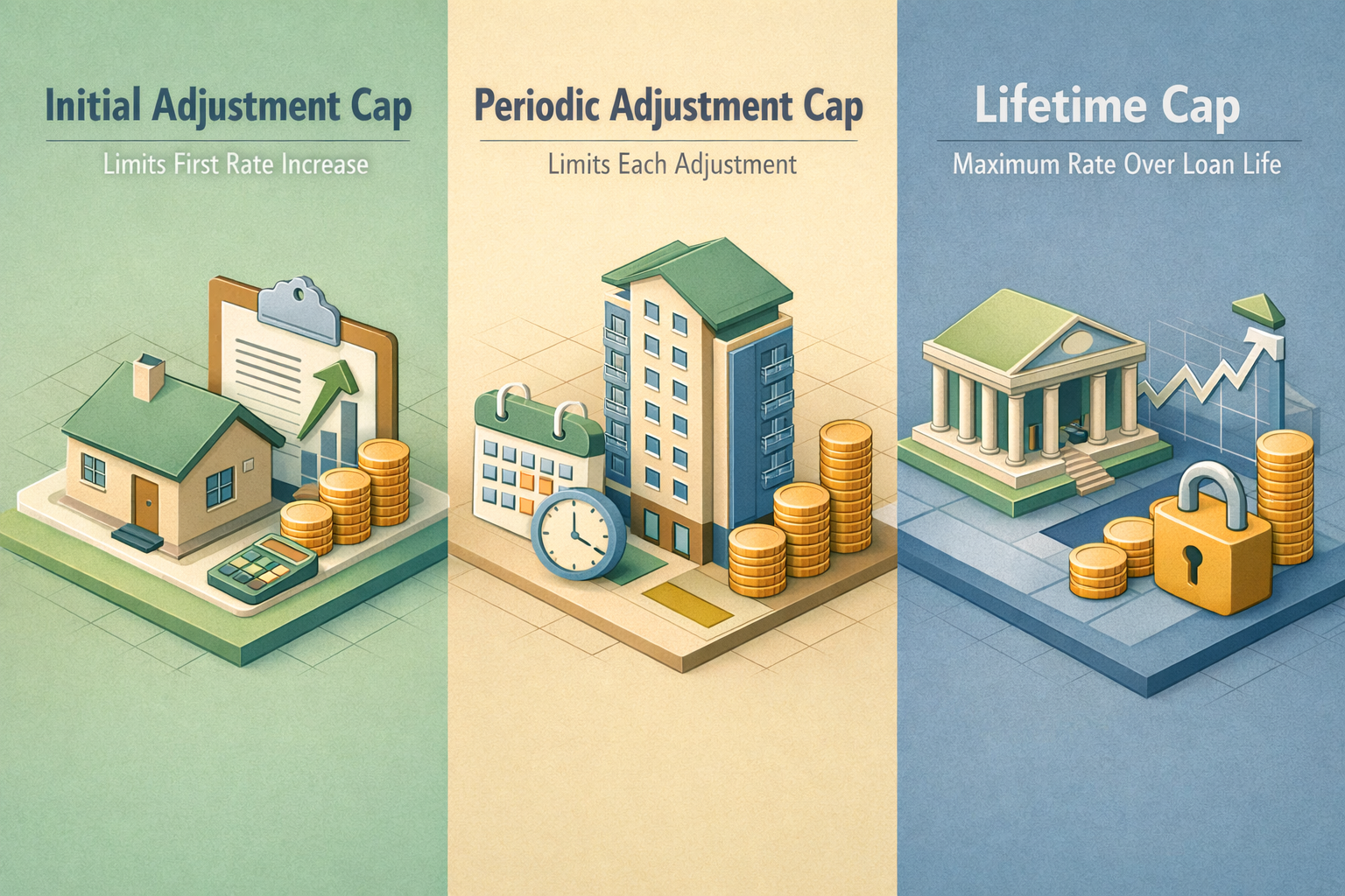 Infographic showing adjustable rate mortgage caps: initial adjustment cap, periodic adjustment cap, lifetime cap.