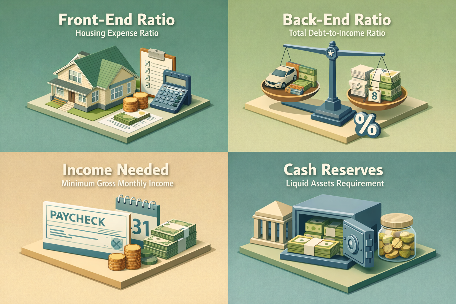 Infographic illustrating front-end ratio, back-end ratio, income needed, and cash reserves for jumbo mortgages.