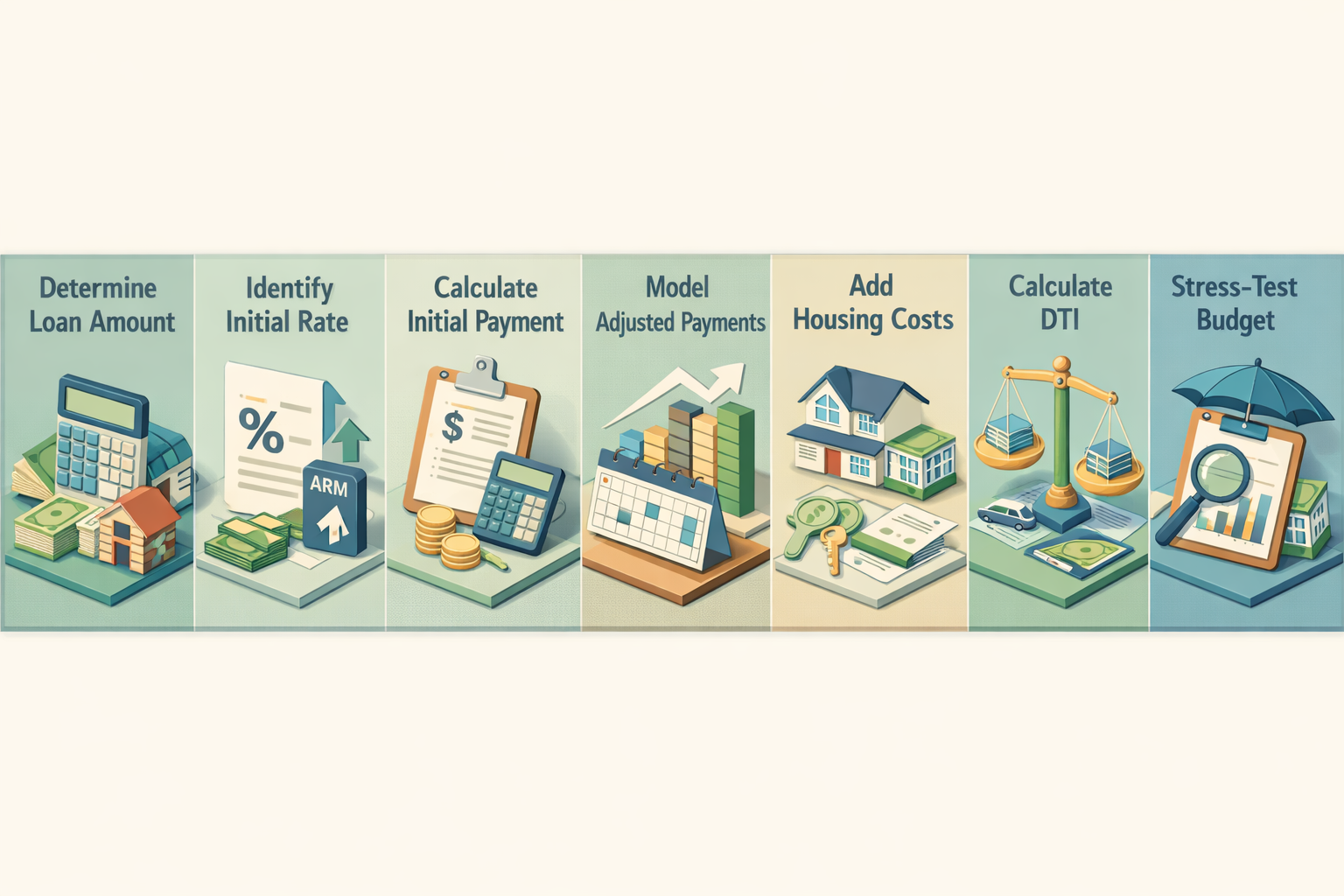 Step-by-step guide for calculating affordability for an ARM mortgage including loan amount, rates, payments, and DTI.