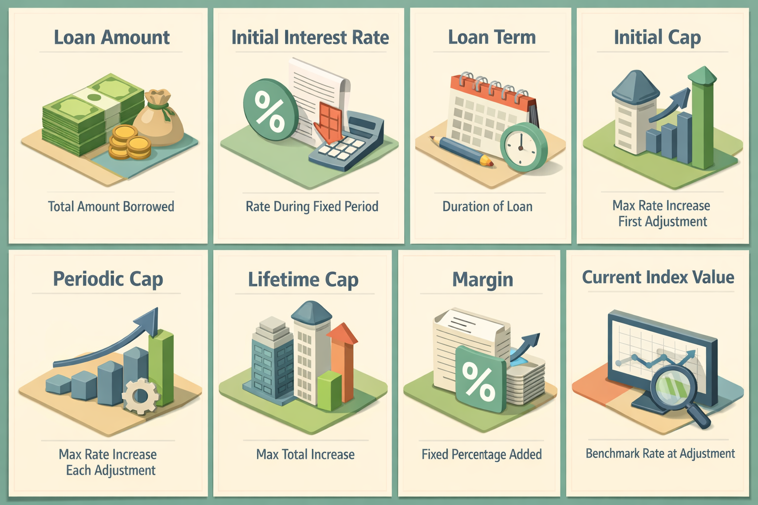 Infographic showing key numbers for ARM mortgage affordability including loan amount, interest rate, loan term, and caps.