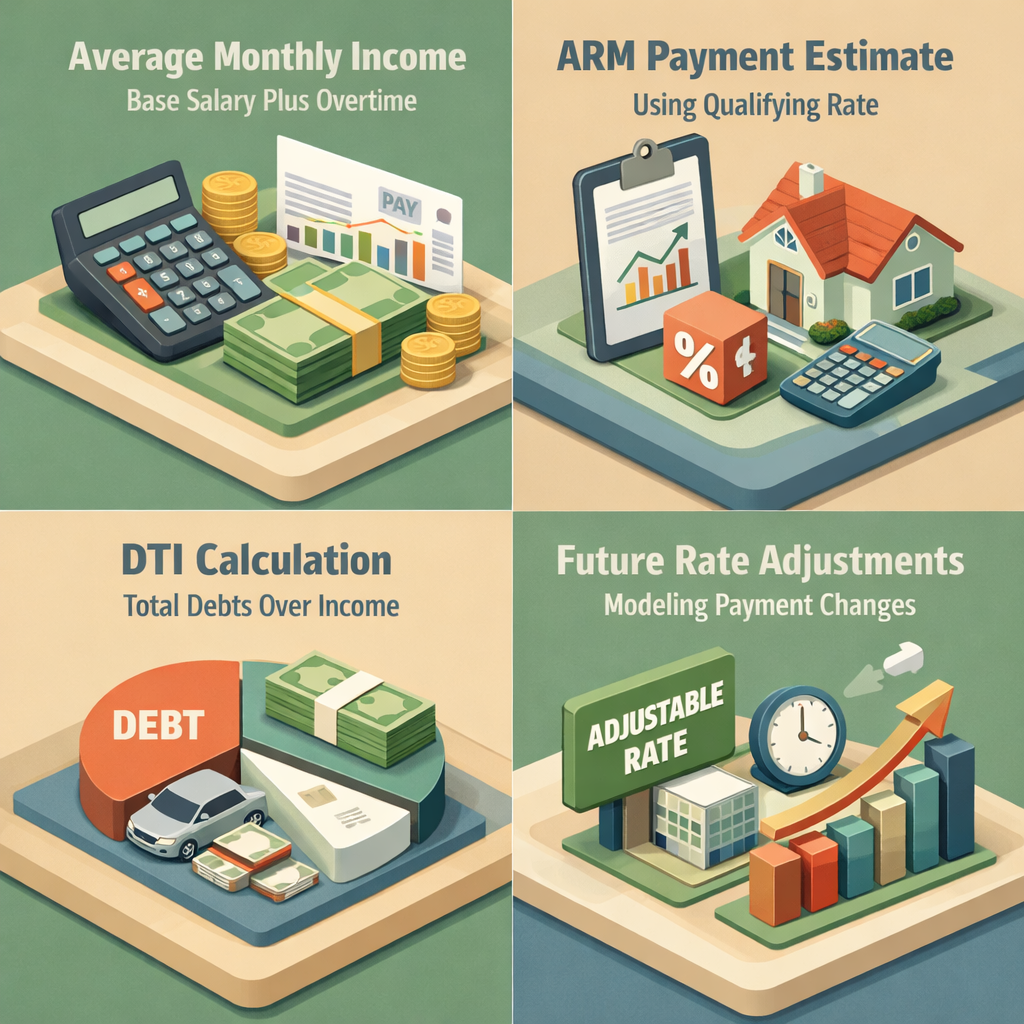 Infographic showing steps to calculate affordability for ARM mortgage with overtime including income, payment estimate, DTI, and rate adjustments.