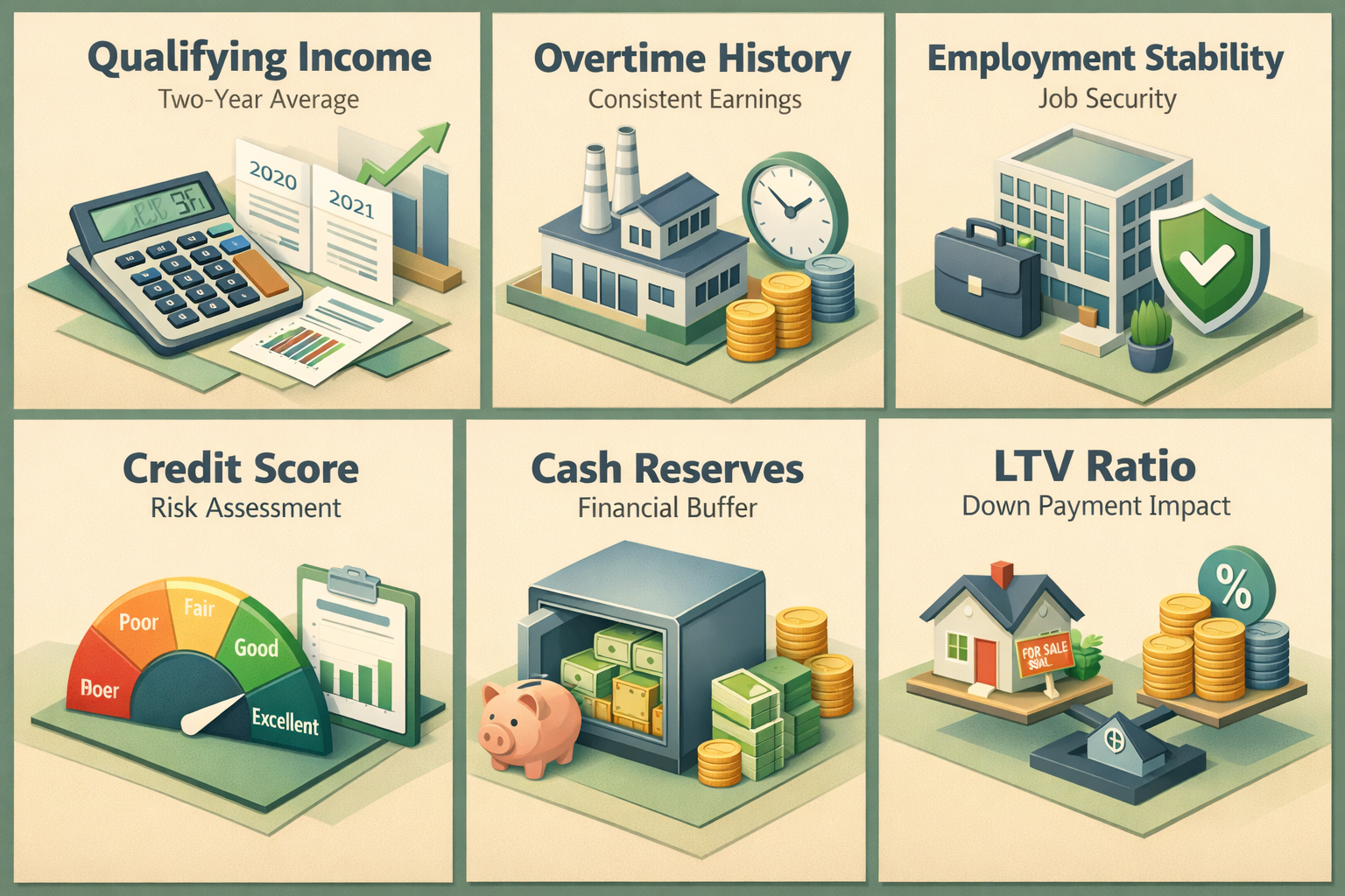 Infographic showing key factors for qualifying for an ARM loan with variable pay including income, credit score, and cash reserves.