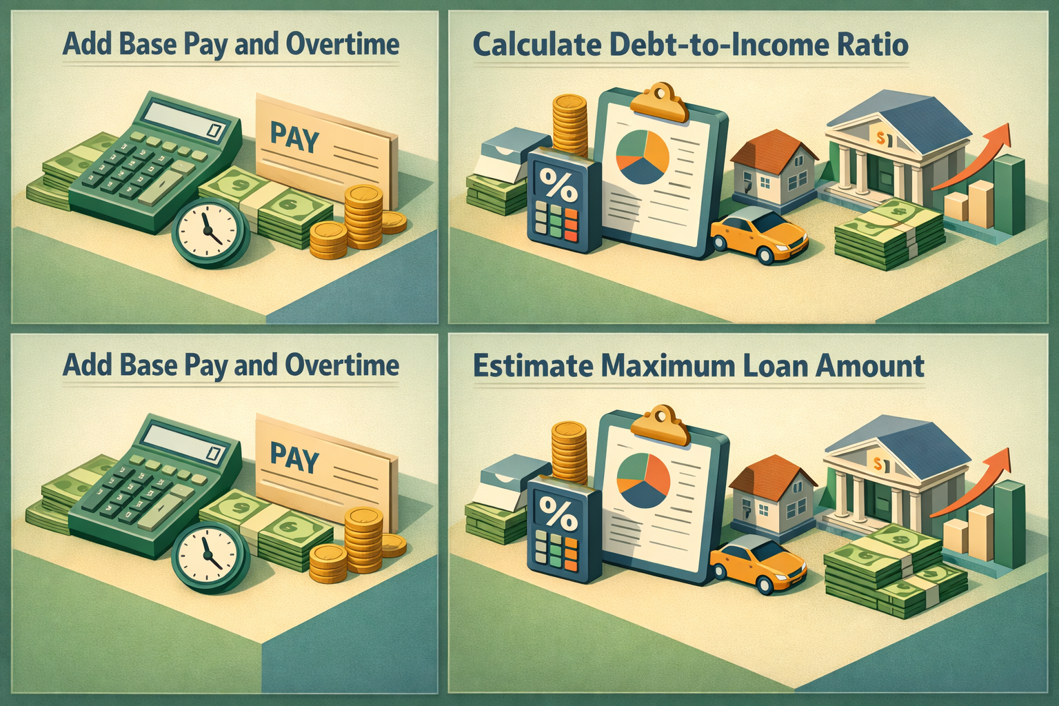 Steps to calculate affordability for FHA loan with overtime income including base pay, DTI ratio, and maximum loan amount.