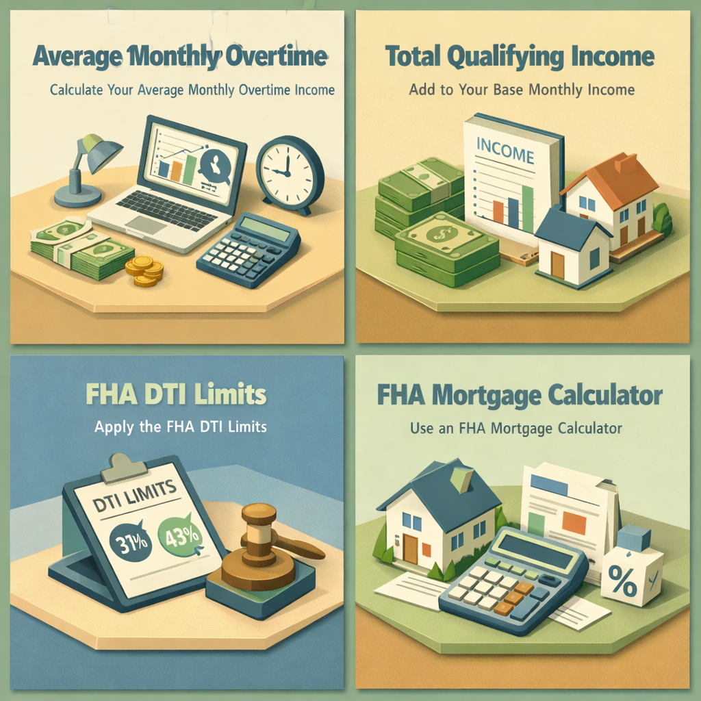 Infographic illustrating steps to calculate FHA loan affordability with overtime income including average income, total income, DTI limits, and calculator use.