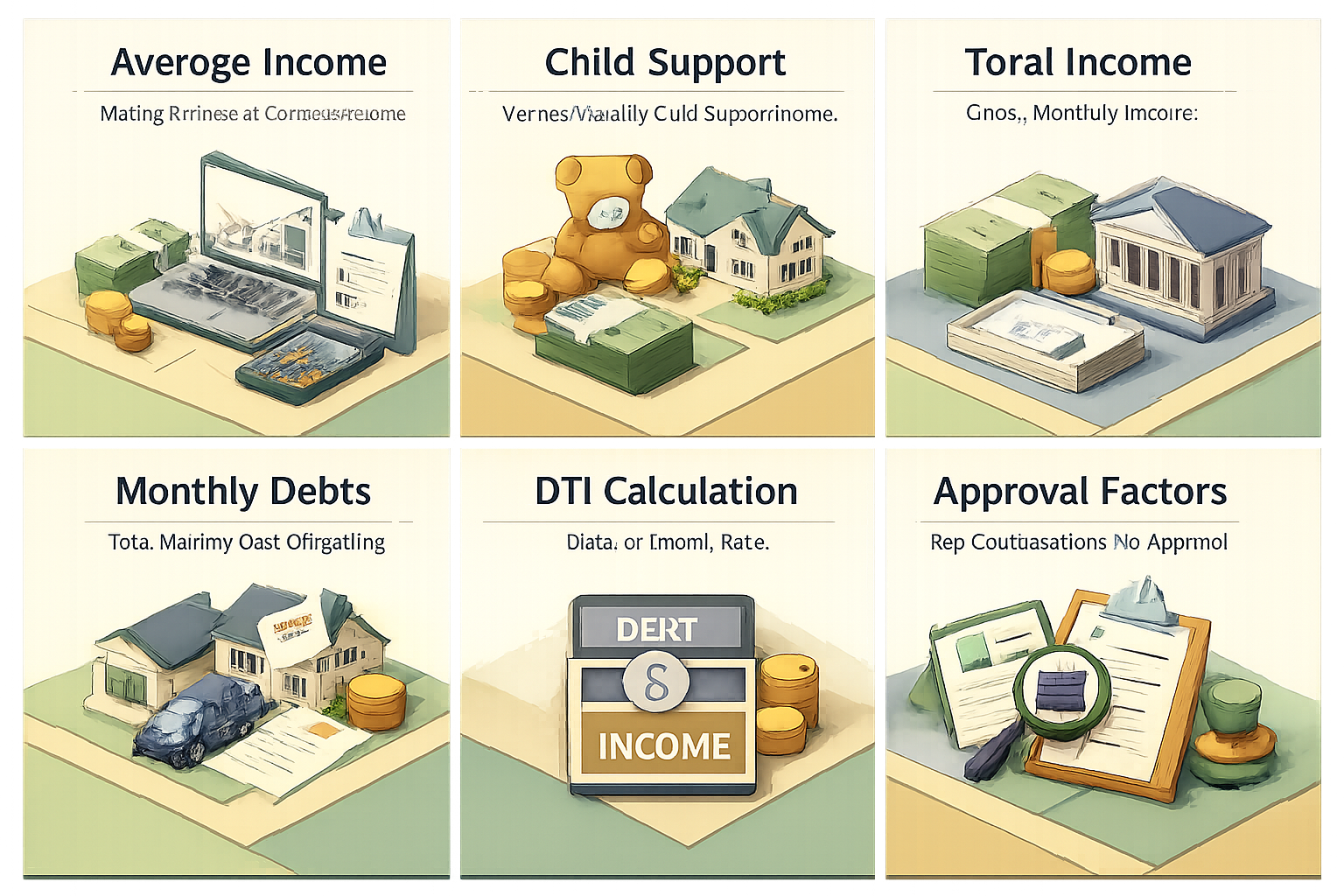 Infographic showing steps to calculate debt-to-income ratio with freelance income and child support, including income and debt components.