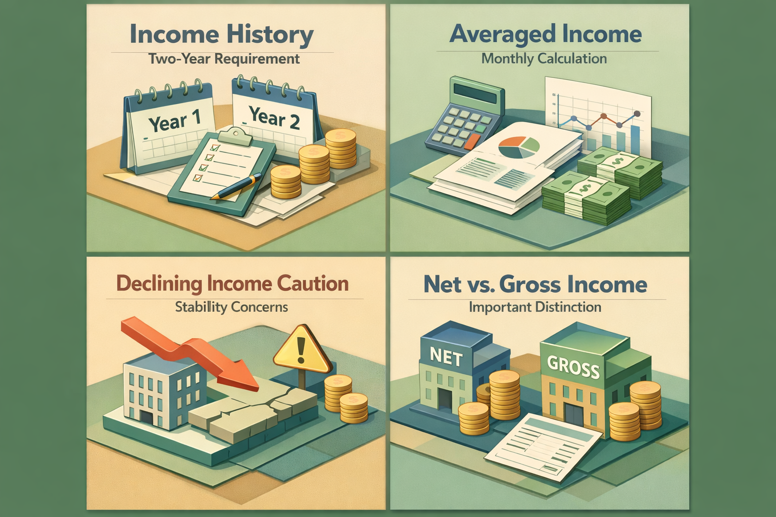 Infographic detailing how lenders treat 1099 commission income with panels on income history, averaging, caution, and income distinction.