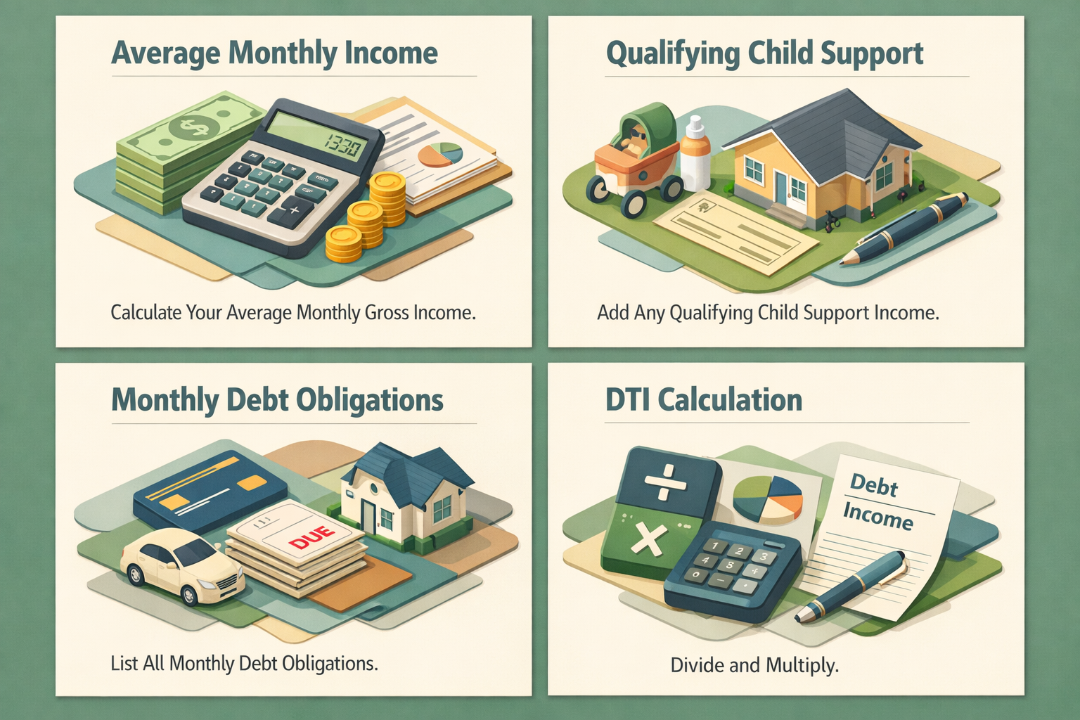 Infographic showing steps to calculate DTI with 1099 income and child support payments, including income calculation and debt listing.