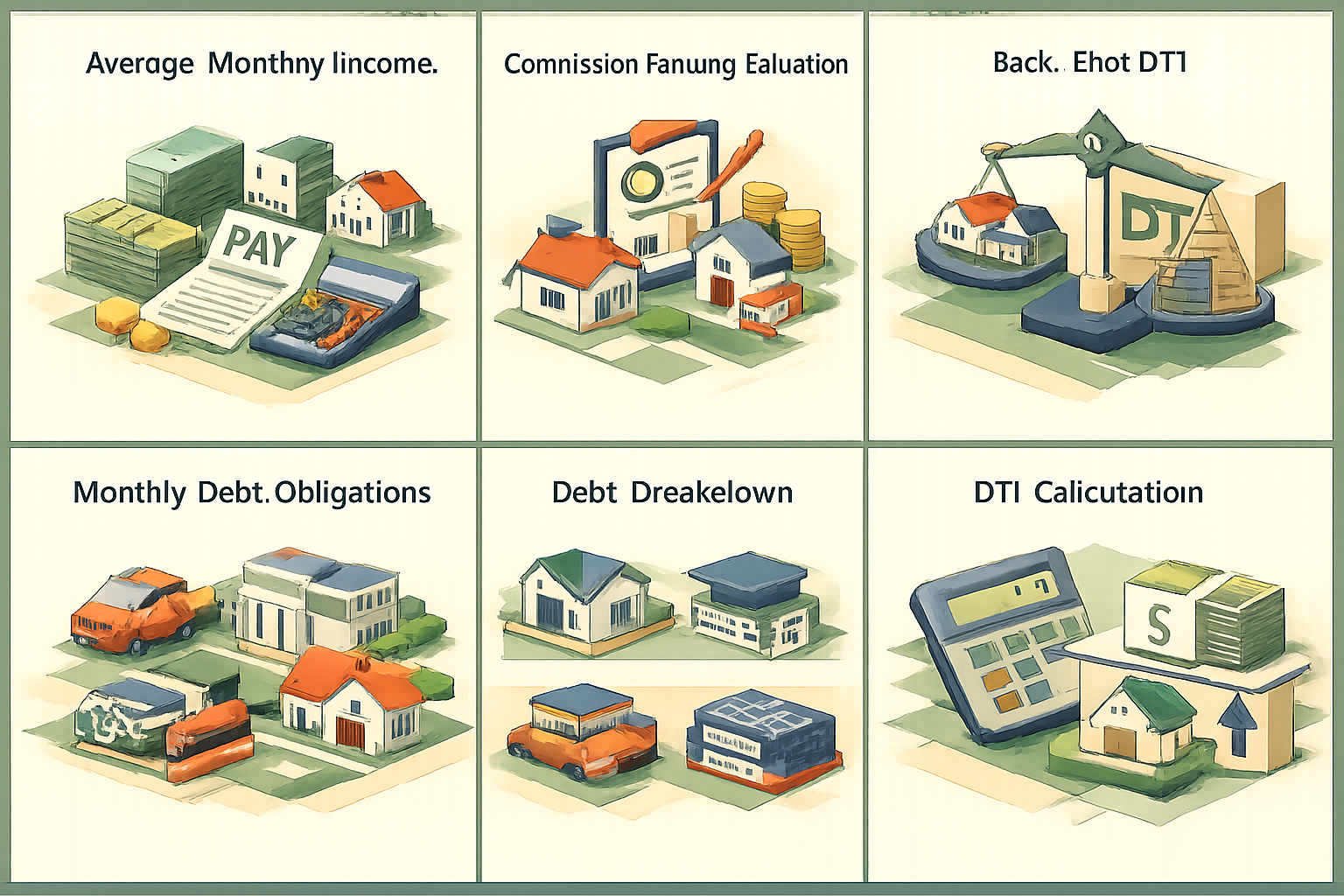 Infographic showing average monthly income calculation, monthly debt obligations, and back-end DTI calculation steps.
