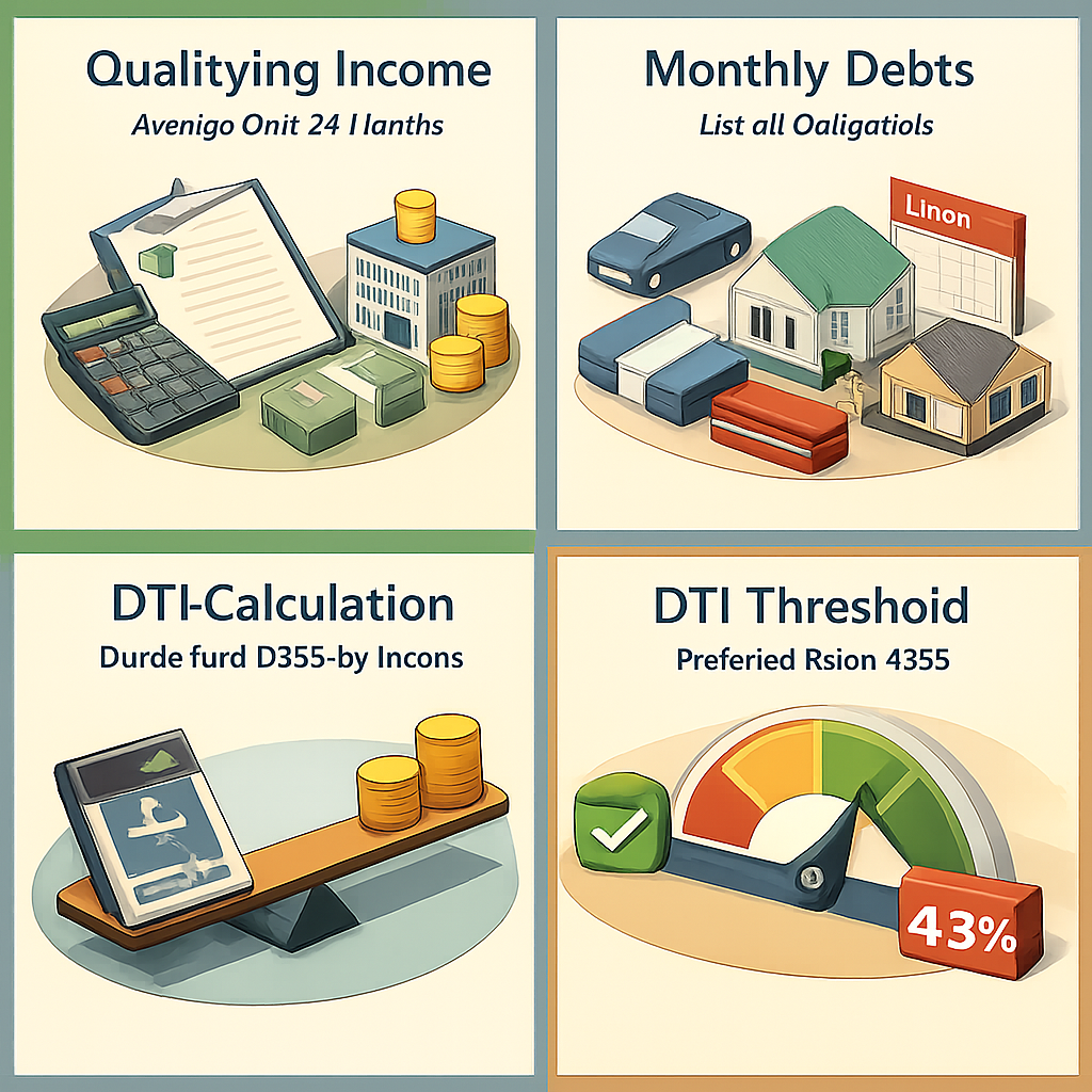 Infographic showing steps to calculate DTI with commission income and student loan deferment including income, debts, calculation, and thresholds.