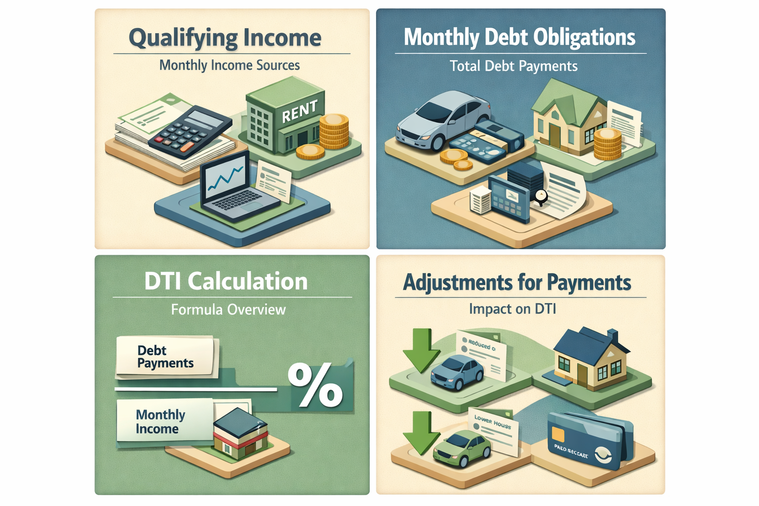 Infographic showing how to calculate DTI with divorce settlement and 1099 income, including income sources, debt obligations, and adjustments.