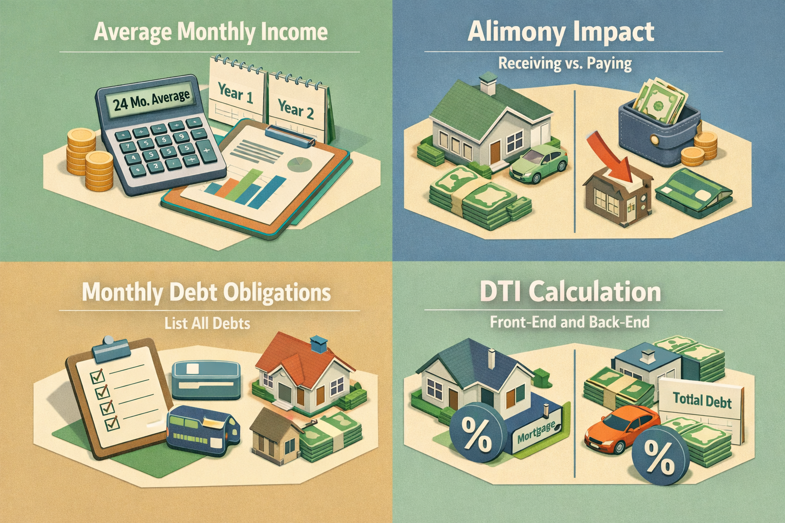 Infographic showing steps to calculate DTI with fluctuating 1099 income and alimony, including income, alimony impact, debts, and DTI ratios.
