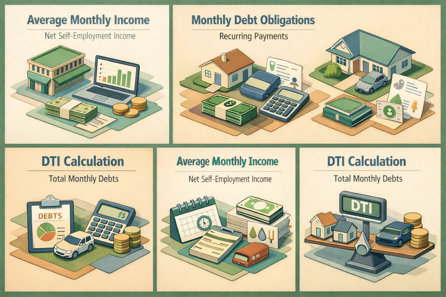 Infographic illustrating how to calculate DTI with fluctuating freelance income and child support payments, featuring income, debts, and calculation steps.