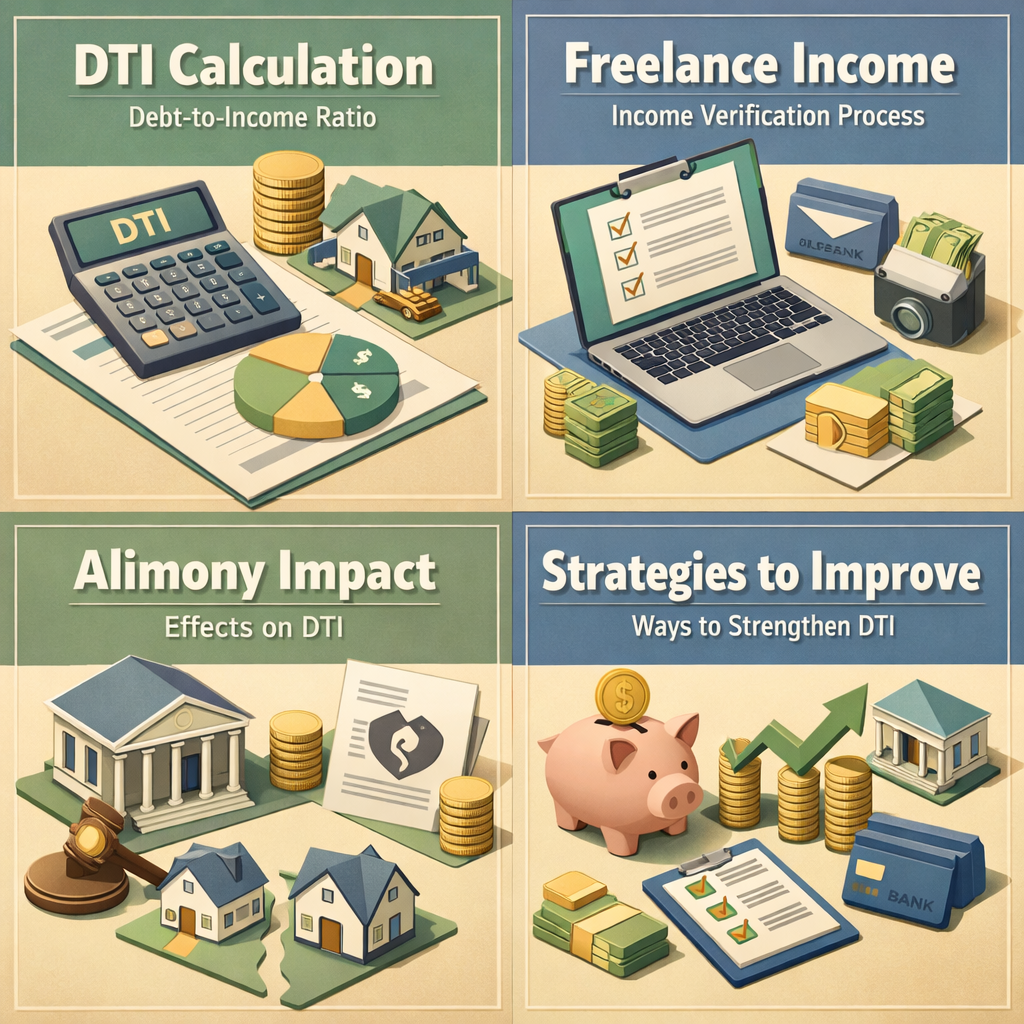 Infographic illustrating DTI calculation, freelance income verification, alimony impact, and strategies to improve DTI for mortgage qualification.