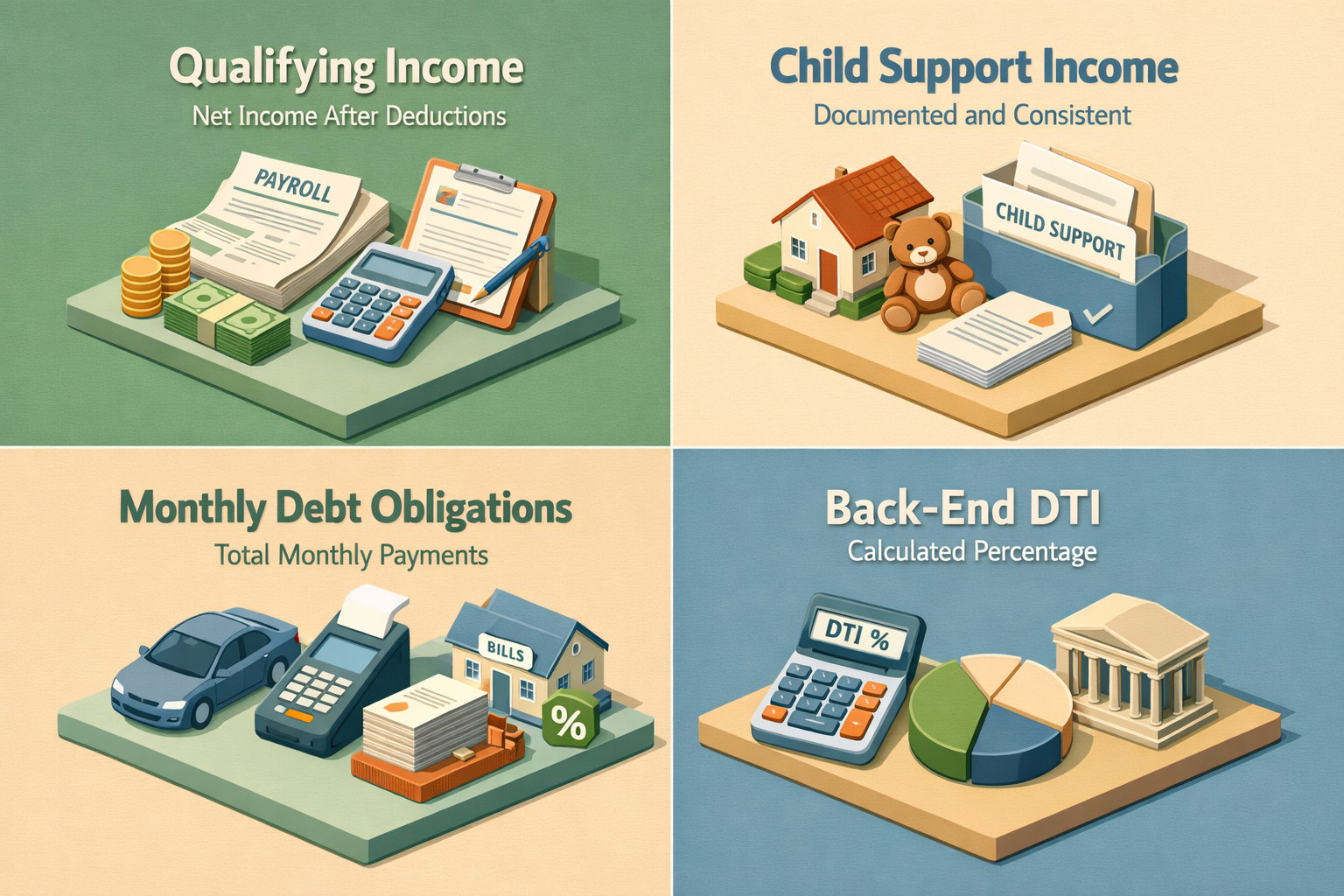 Infographic showing how to calculate DTI with freelance income and child support, including income, debts, and DTI calculation.