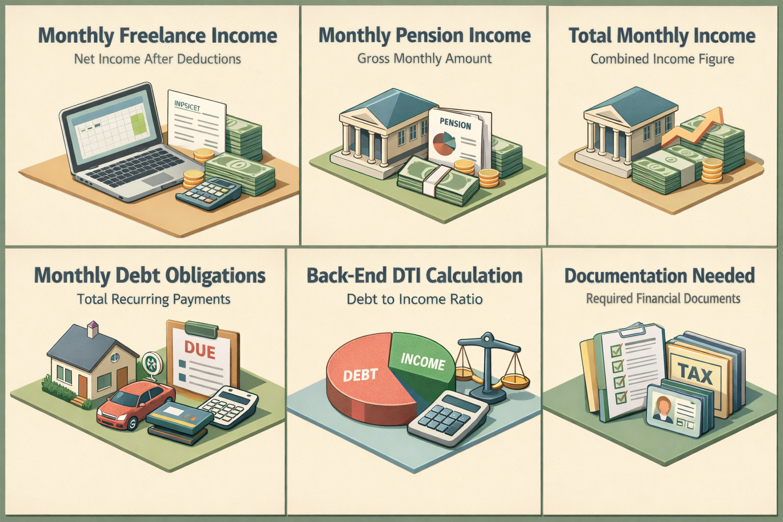 Infographic showing steps to calculate DTI with freelance income and pension, including income sources and required documentation.