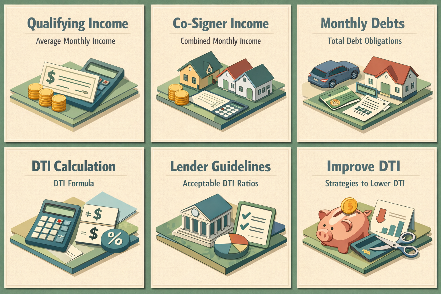 Infographic illustrating steps to calculate DTI with freelance income and co-signer, including income, debts, and DTI formula.