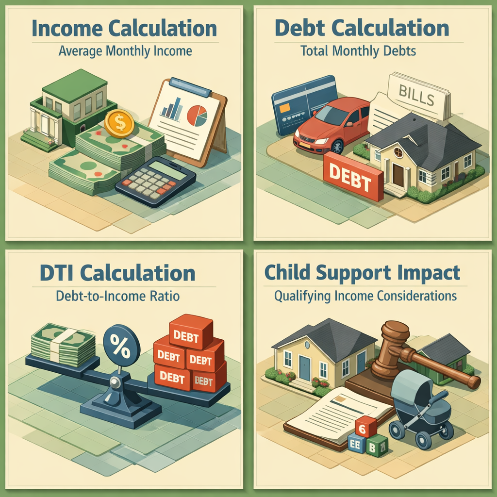 Infographic illustrating how to calculate DTI with freelance income and child support, covering income, debts, DTI, and child support impact.
