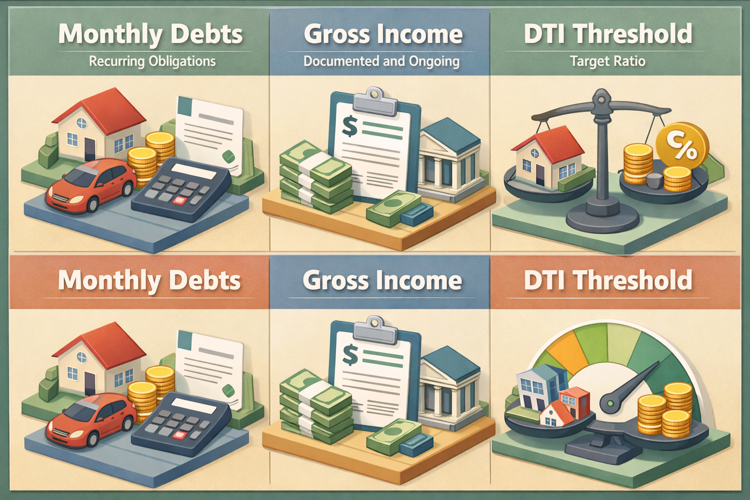 Infographic showing monthly debts, gross income, and DTI threshold for mortgage qualification.
