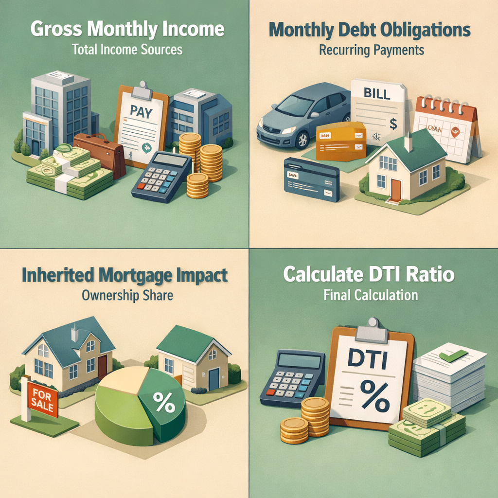Infographic detailing steps to calculate DTI with inherited property, covering income, debts, mortgage impact, and final ratio.