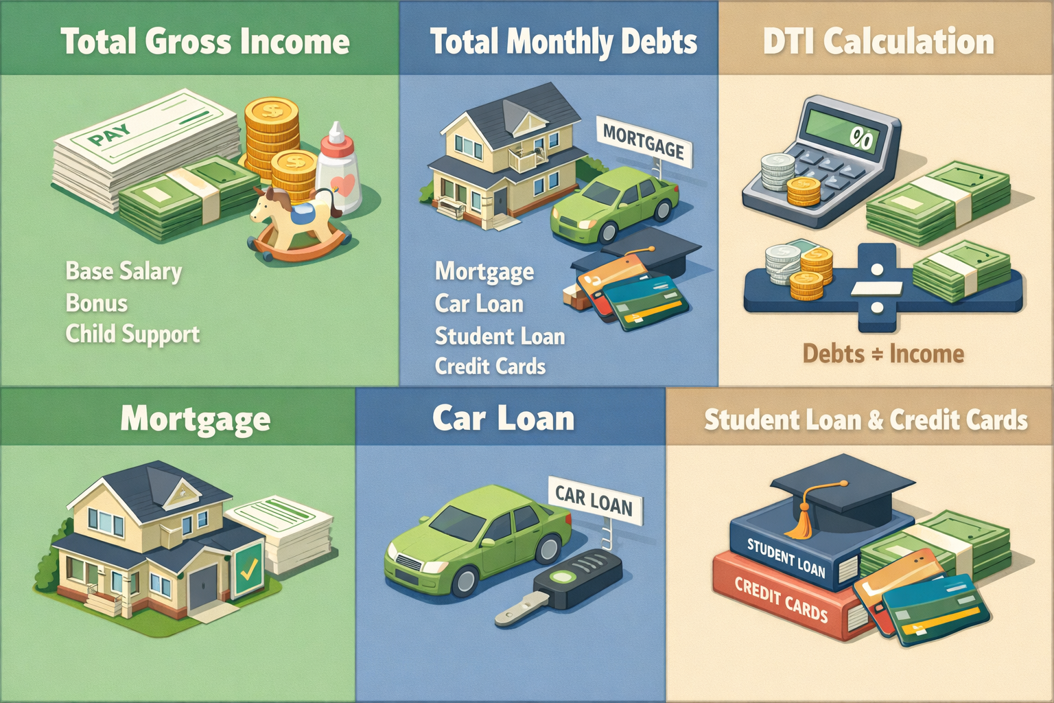 Visualizing how to calculate DTI with bonus income and child support, showing income, debts, and DTI calculation steps.