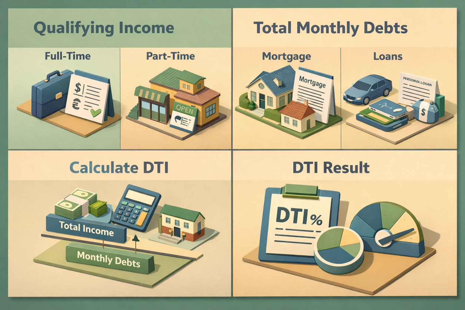 Infographic showing how to calculate DTI with inheritance and part-time job income, including income, debts, and DTI formula.