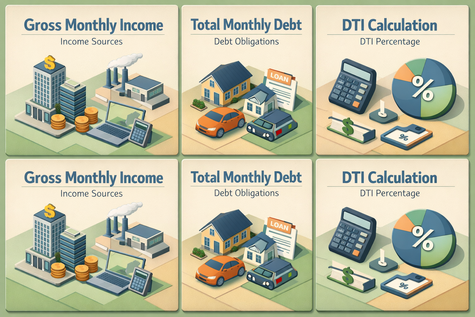 Infographic showing how to calculate DTI with severance and 401k withdrawal, including income sources, debt obligations, and DTI percentage.