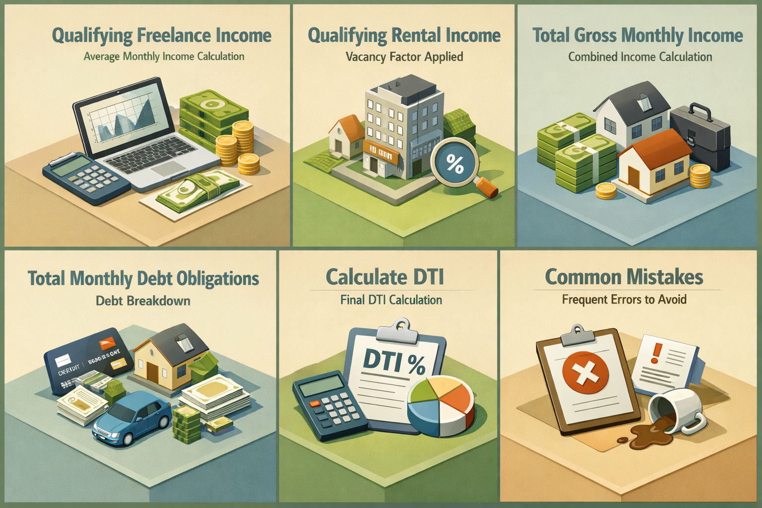 Infographic illustrating steps to calculate DTI with rental property income and freelance work, including income and debt breakdowns.