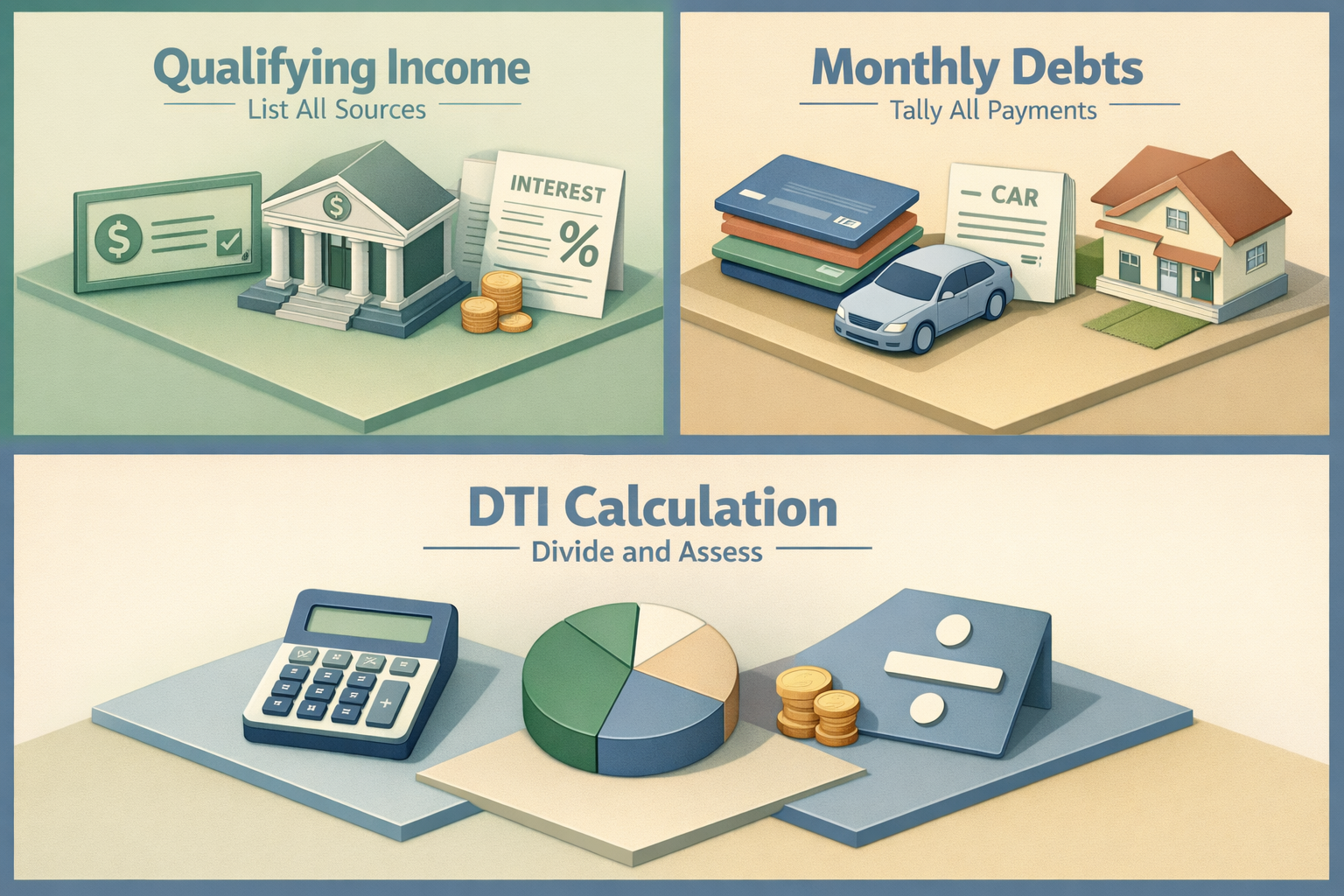 Infographic showing how to calculate DTI with severance package and 401k withdrawal, including income sources, debts, and calculation steps.