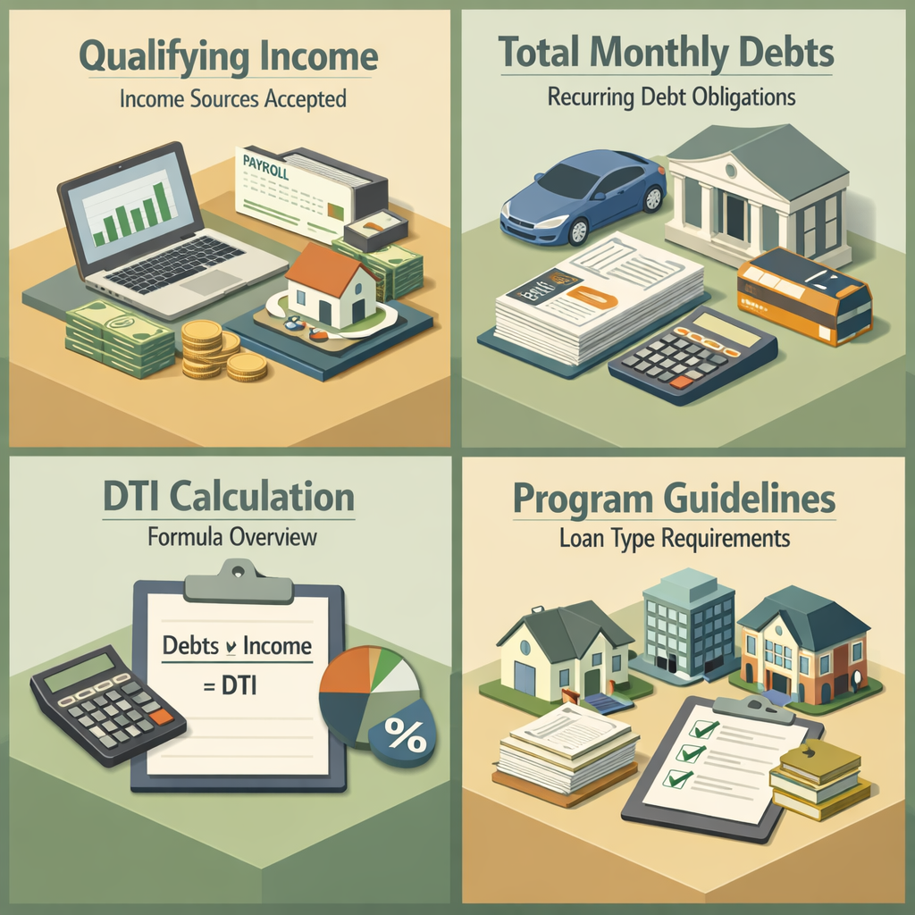 Infographic illustrating how to calculate DTI with severance package and alimony, including income sources, debts, calculation formula, and loan guidelines.