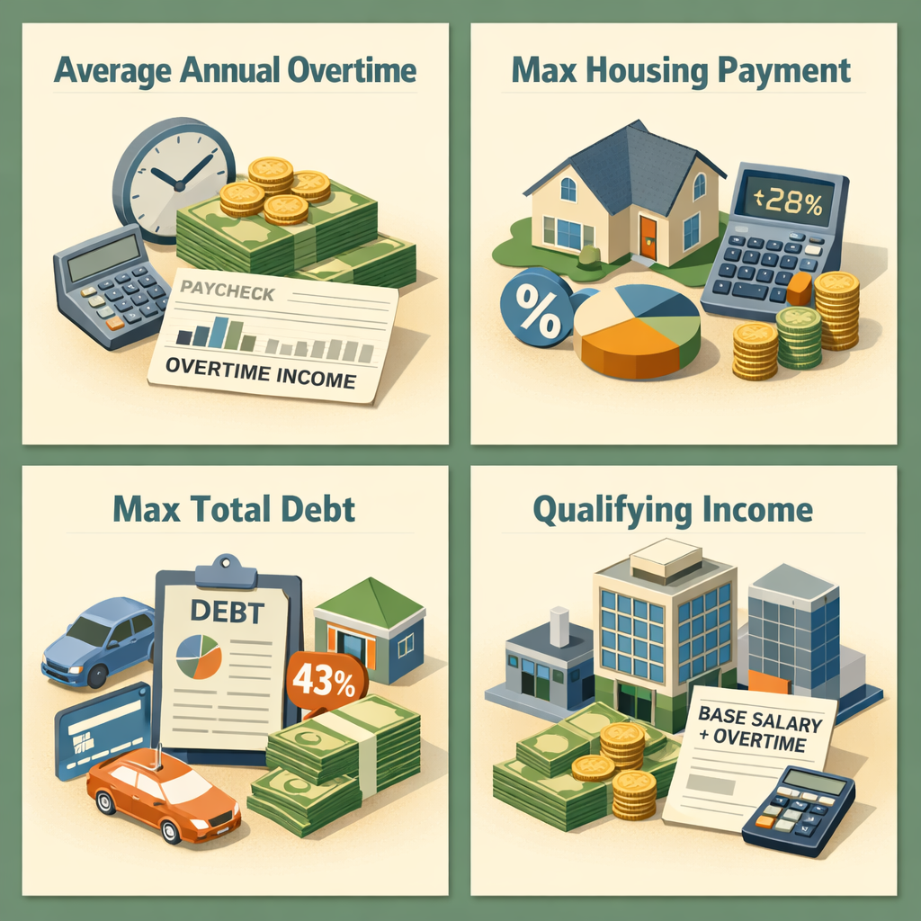 Infographic showing how to calculate FHA loan affordability with overtime pay, including average annual overtime and DTI calculations.