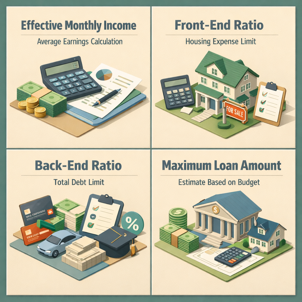 Infographic showing steps to calculate FHA loan affordability with seasonal income including effective income, ratios, and loan amount.