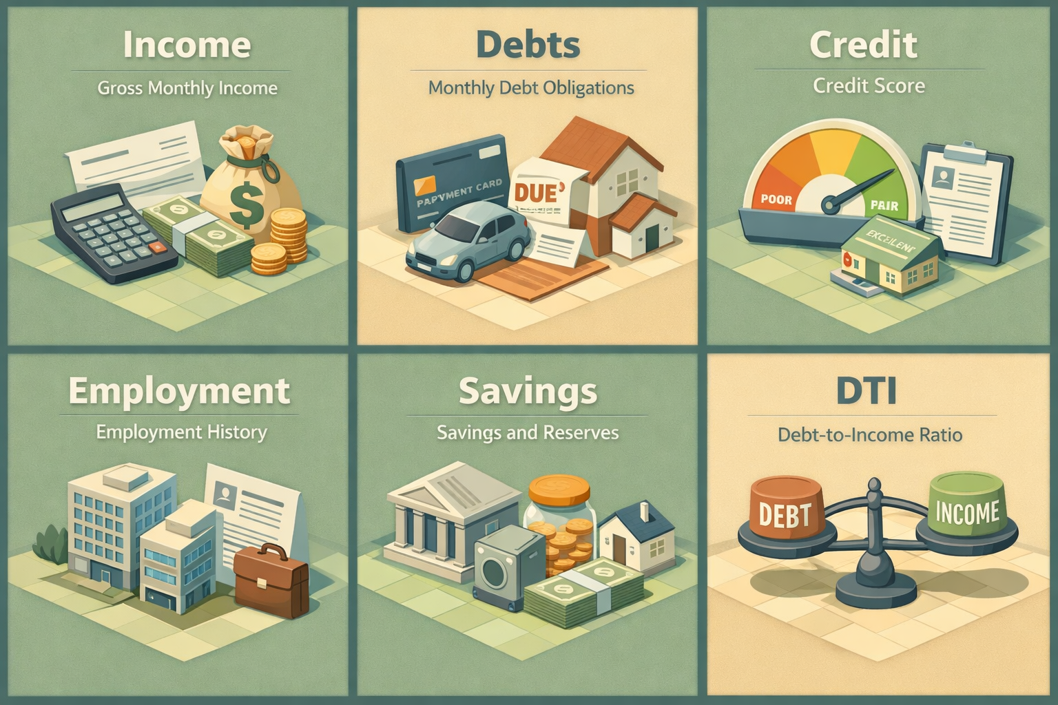 Infographic showing key factors influencing mortgage affordability including income, debts, credit score, employment history, savings, and DTI.