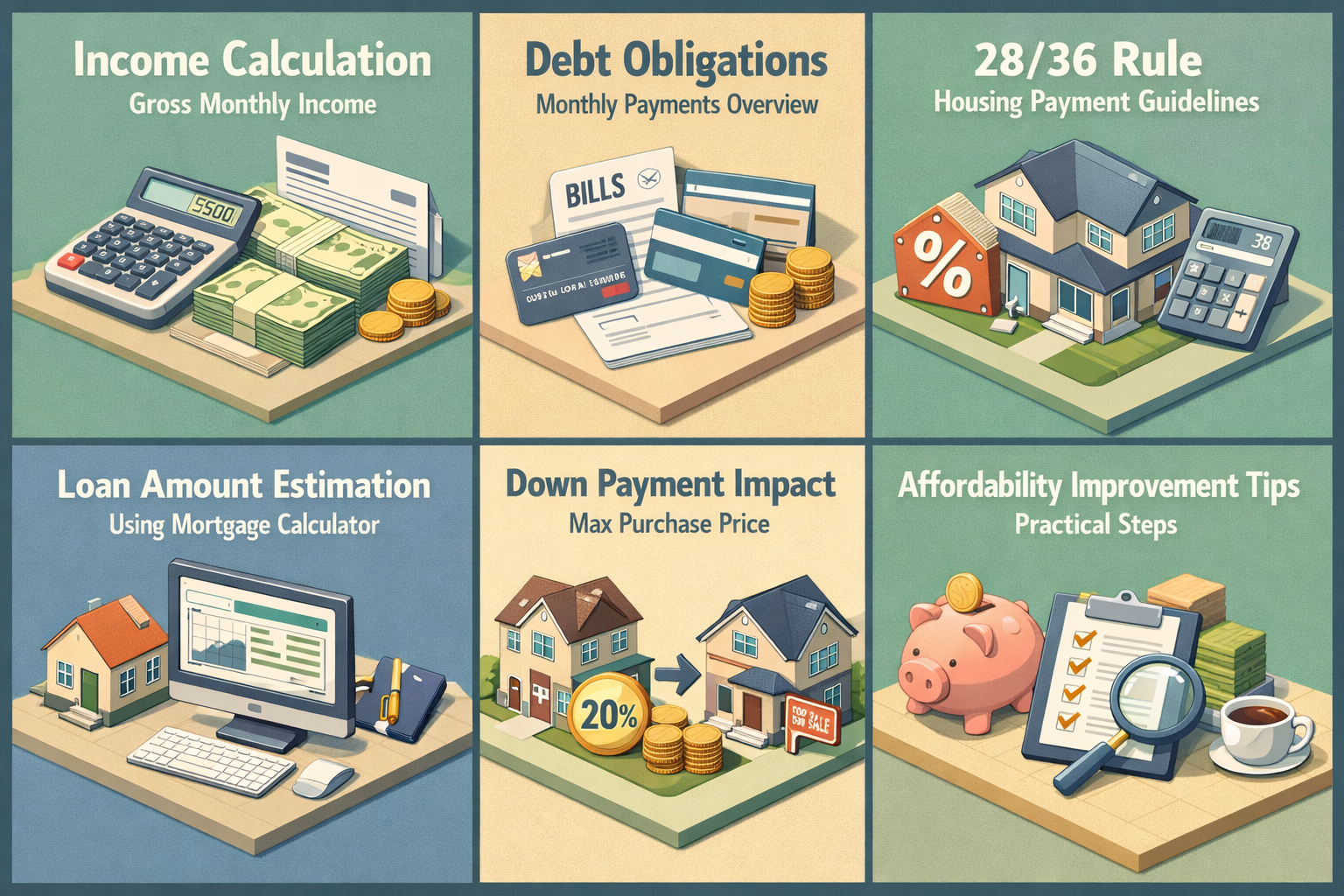 Infographic showing steps to calculate mortgage affordability including income, debts, loan estimation, and down payment impact.