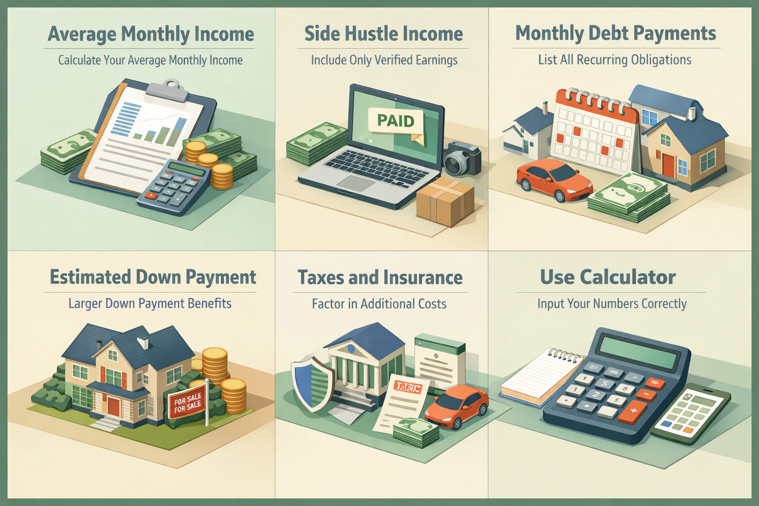 Infographic showing steps to use a mortgage affordability calculator for 1099 income and freelance earnings, including income calculation and debt listing.