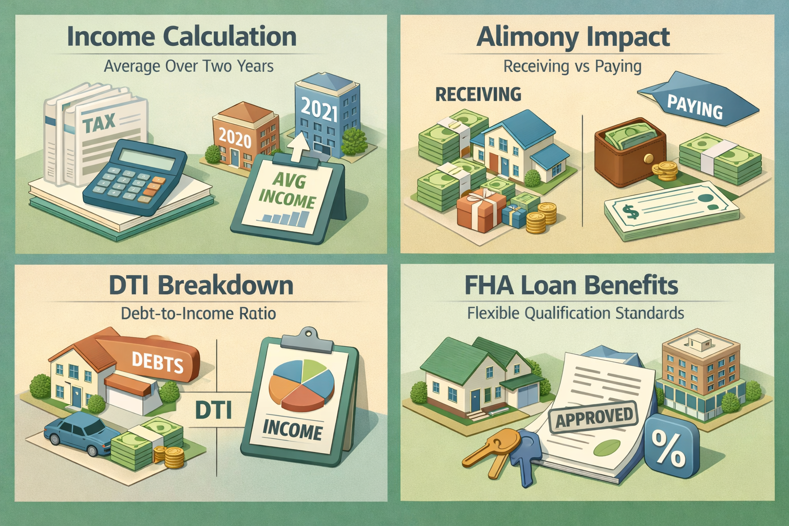 Infographic on mortgage affordability calculation for freelancers, covering income calculation, alimony impact, DTI breakdown, and FHA loan benefits.