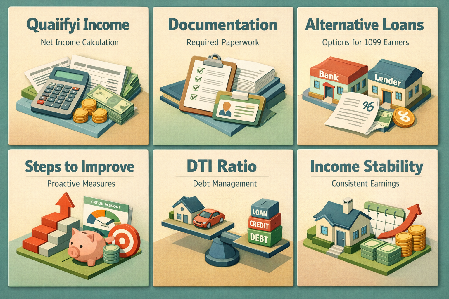 Infographic on mortgage affordability for freelancers detailing income calculation, required documentation, alternative loans, DTI ratio, and improvement steps.