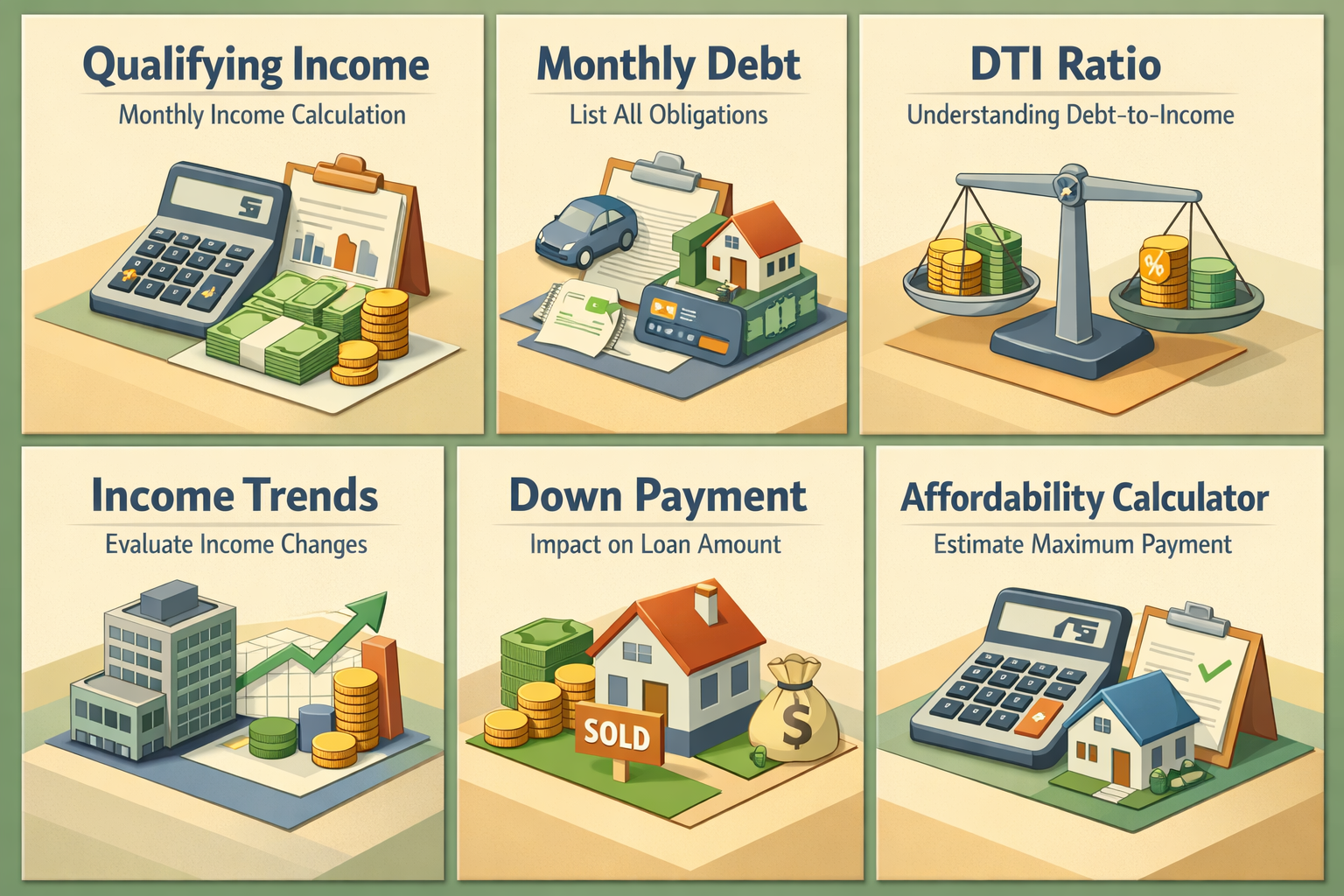 Infographic on calculating mortgage affordability with 1099 freelance income and student loan payments, covering income, debts, and DTI.