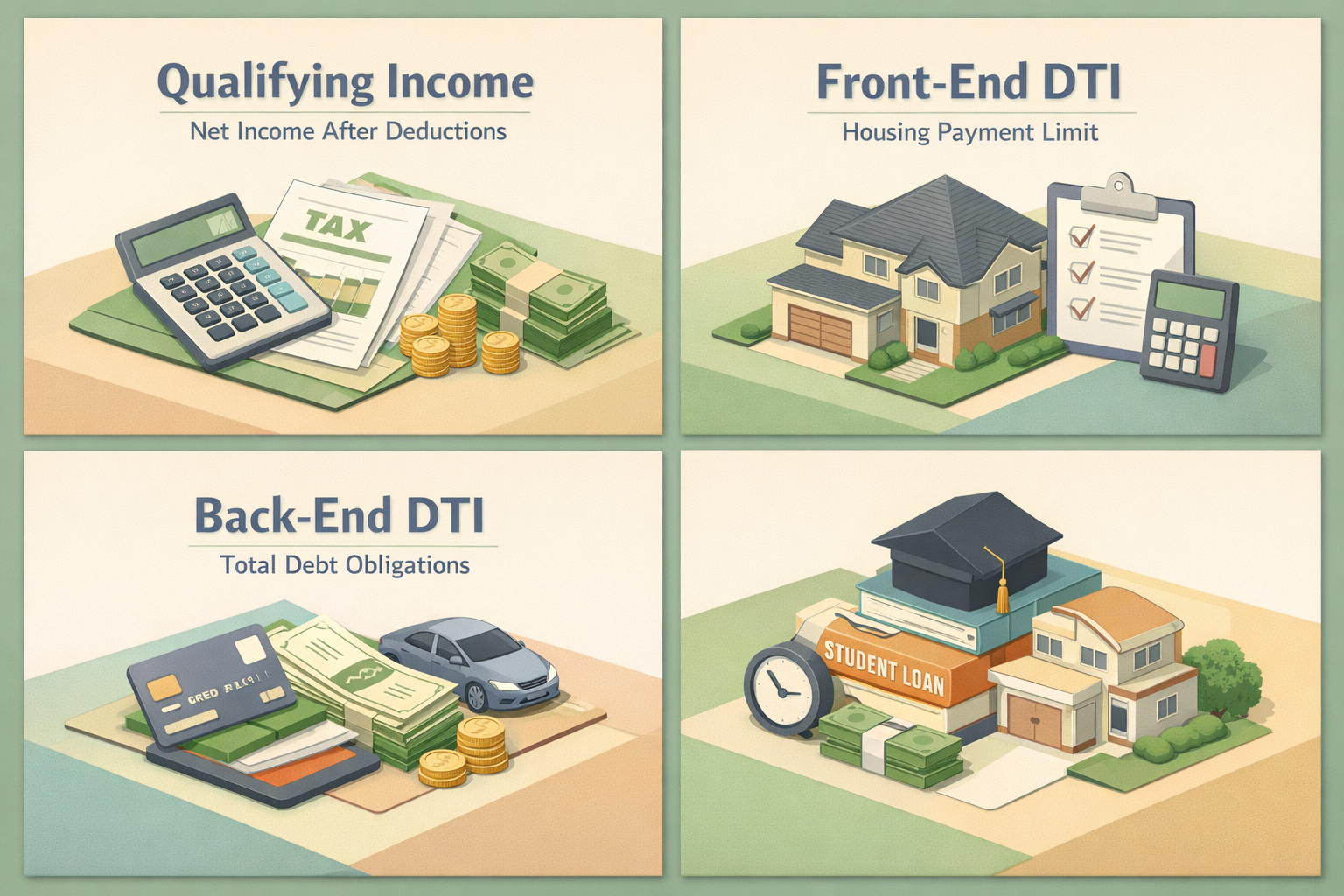 Infographic illustrating qualifying income, front-end DTI, and back-end DTI for freelance photographers applying for a mortgage.
