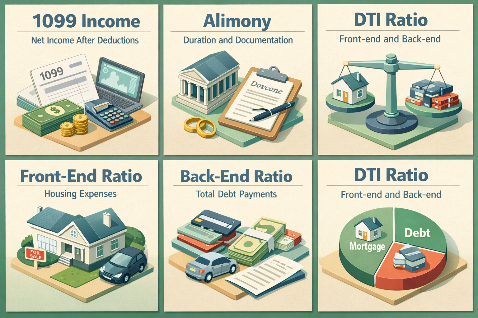 Infographic explaining 1099 income, alimony documentation, and debt-to-income ratio for mortgage applications.