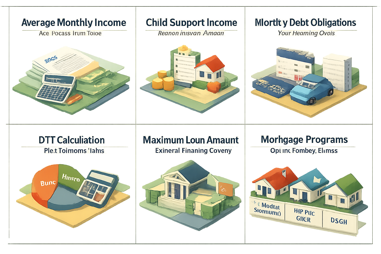 Infographic showing steps to calculate mortgage affordability with 1099 income and child support, including income, debts, DTI, and loan options.