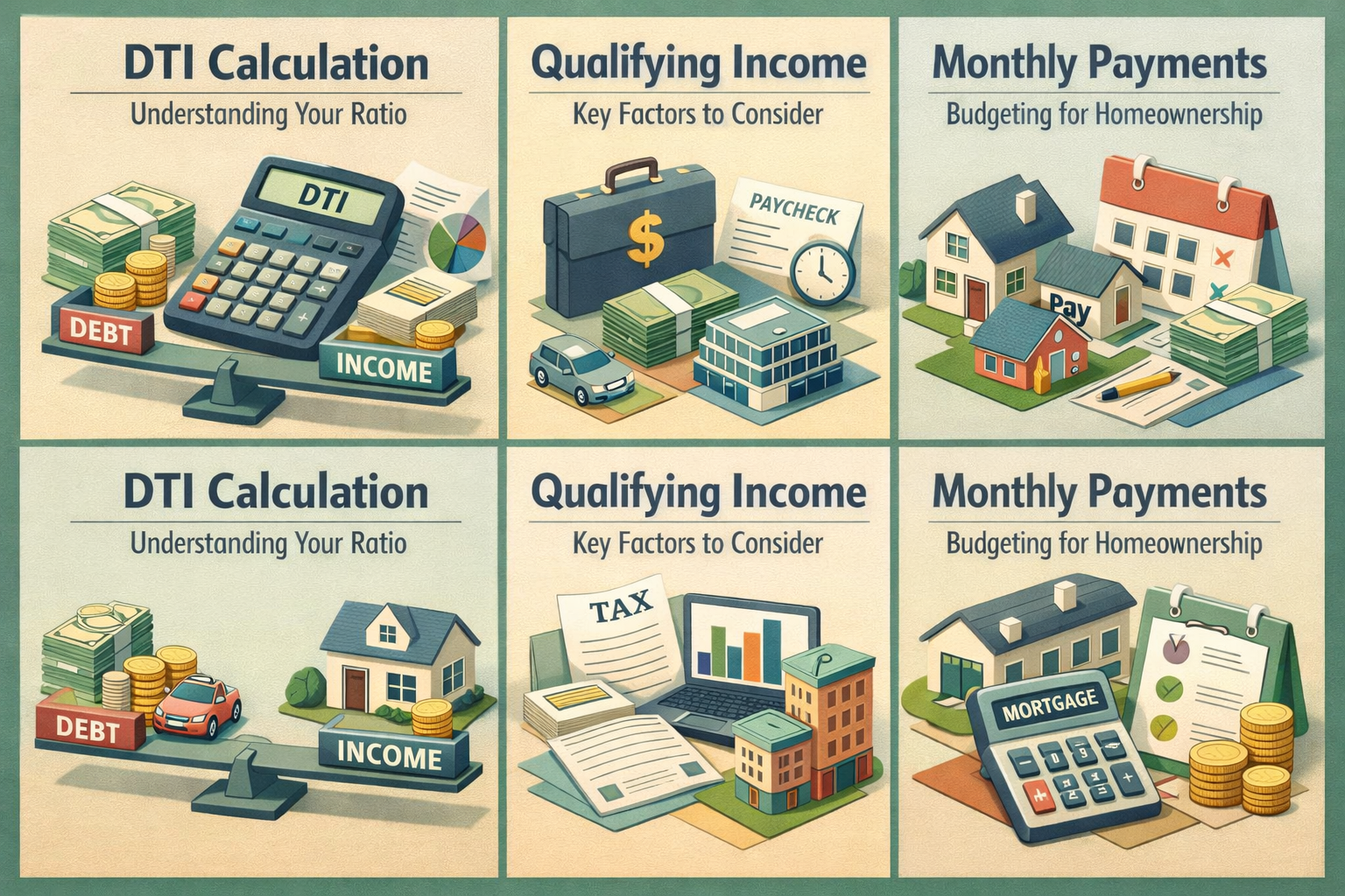 Infographic explaining DTI calculation, qualifying income factors, and budgeting for homeownership for freelancers.