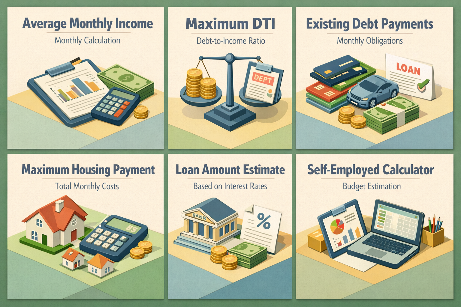 Infographic explaining how to calculate mortgage affordability for self-employed individuals using average income, DTI, debts, and loan estimates.