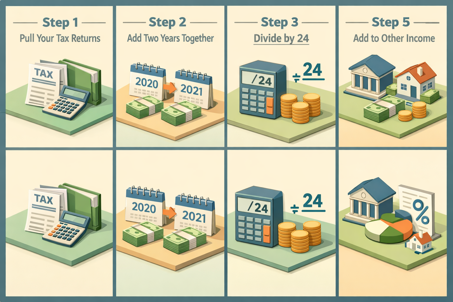 Steps to calculate mortgage affordability with 1099 income from side hustle including tax returns and DTI calculation.