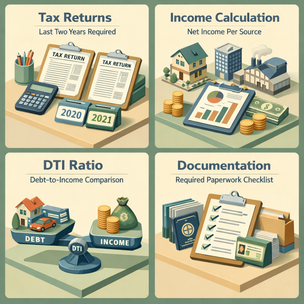 Infographic showing steps for calculating qualifying income from two 1099 sources, including tax returns and DTI ratio.