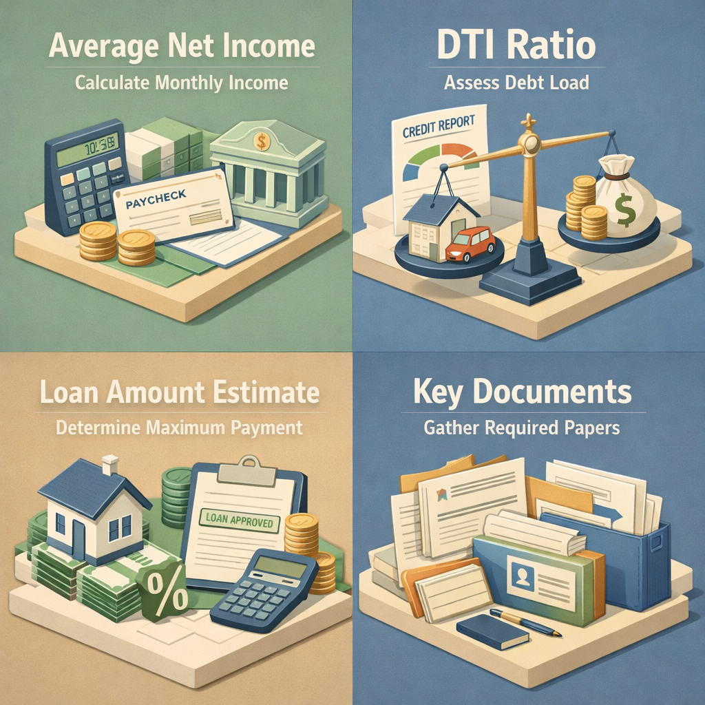 Infographic showing steps for self-employed mortgage calculation including income averaging, DTI assessment, loan estimation, and document gathering.