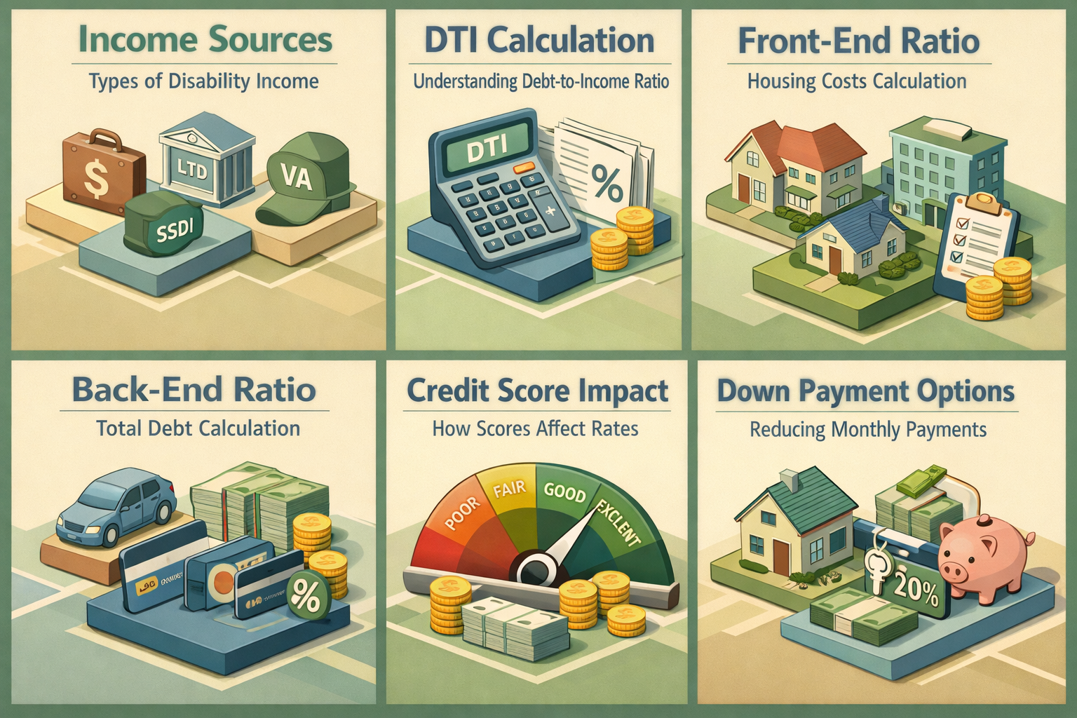 Infographic showing income sources, DTI calculation, front-end and back-end ratios, credit score impact, and down payment options.