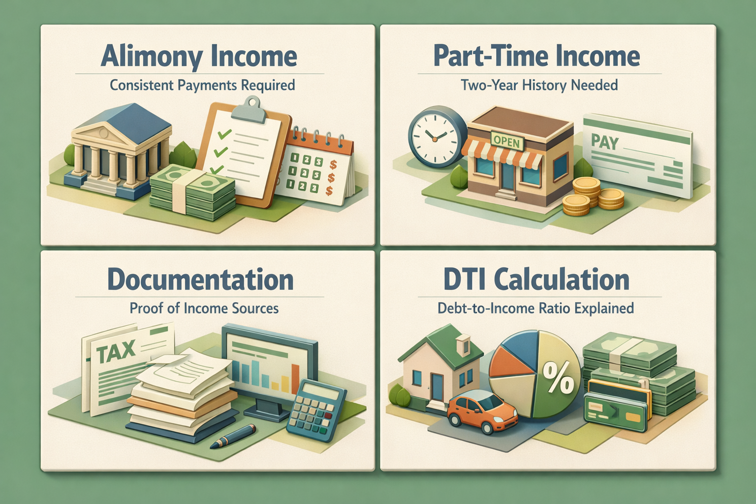 Infographic illustrating mortgage affordability calculation with alimony and part-time income, detailing income types and documentation.