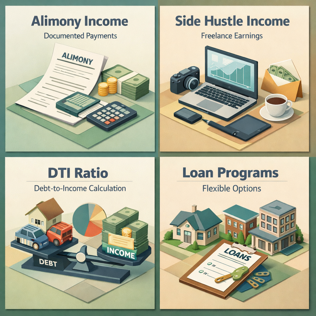 Infographic illustrating Alimony Income, Side Hustle Income, DTI Ratio, and Loan Programs for mortgage qualification.