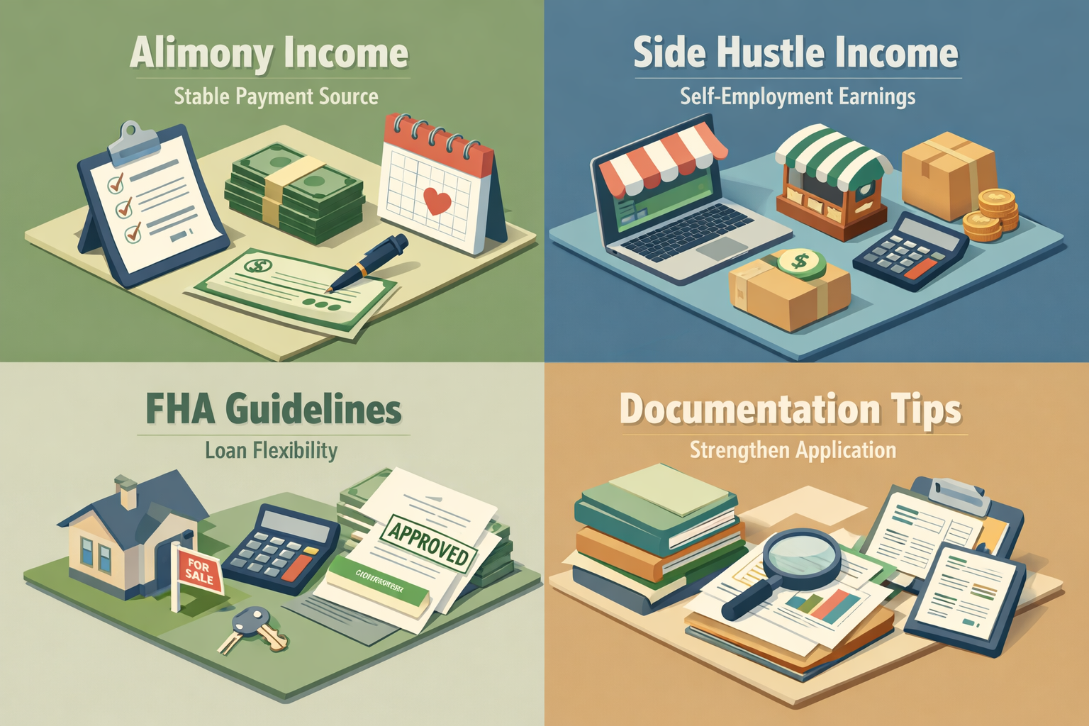 Infographic on mortgage affordability calculation with alimony and side hustle income, featuring income sources, FHA guidelines, and documentation tips.